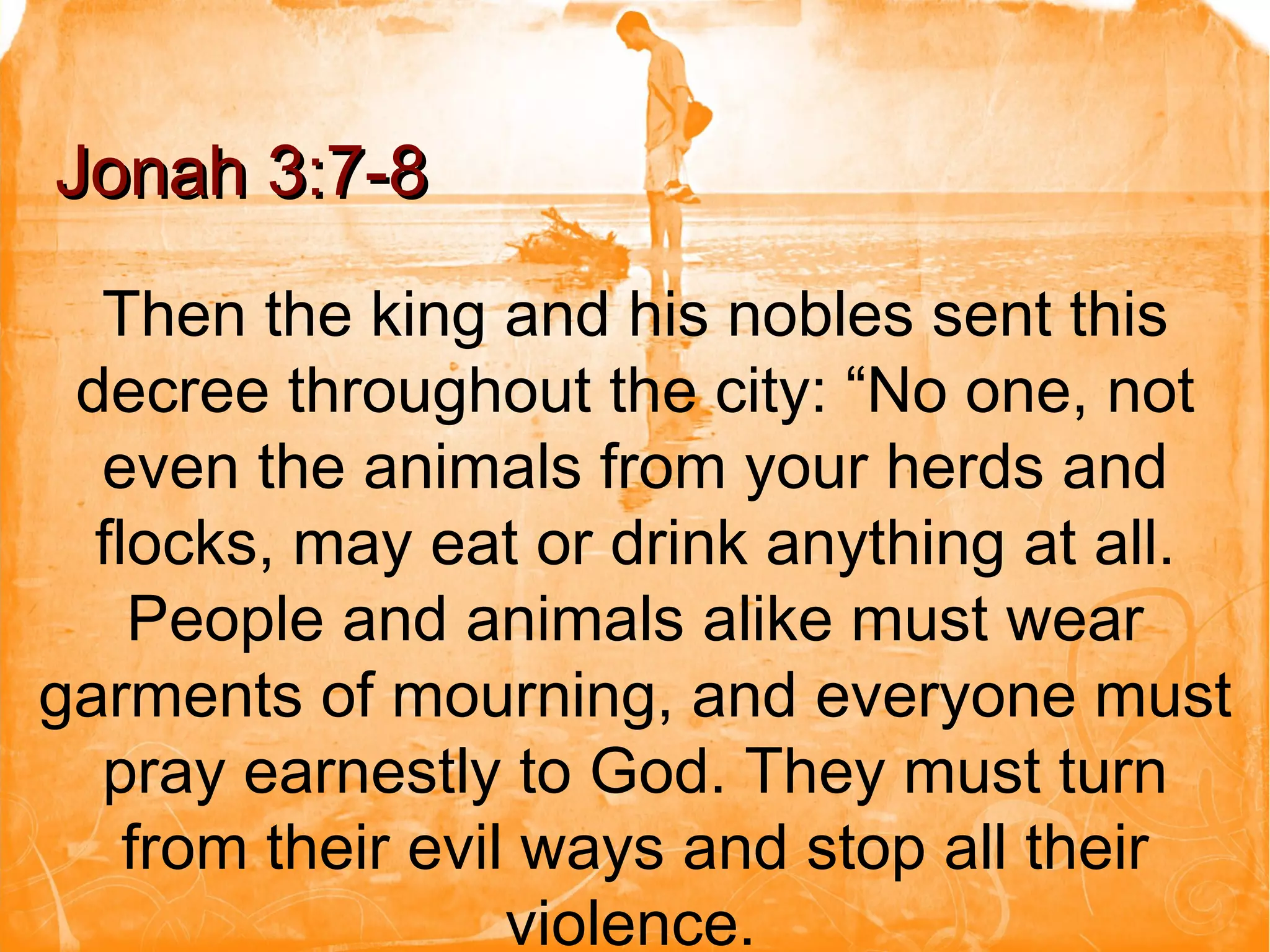 Then the king and his nobles sent this decree throughout the city: “No one, not even the animals from your herds and flocks, may eat or drink anything at all. People and animals alike must wear garments of mourning, and everyone must pray earnestly to God. They must turn from their evil ways and stop all their violence.   Jonah 3:7-8 