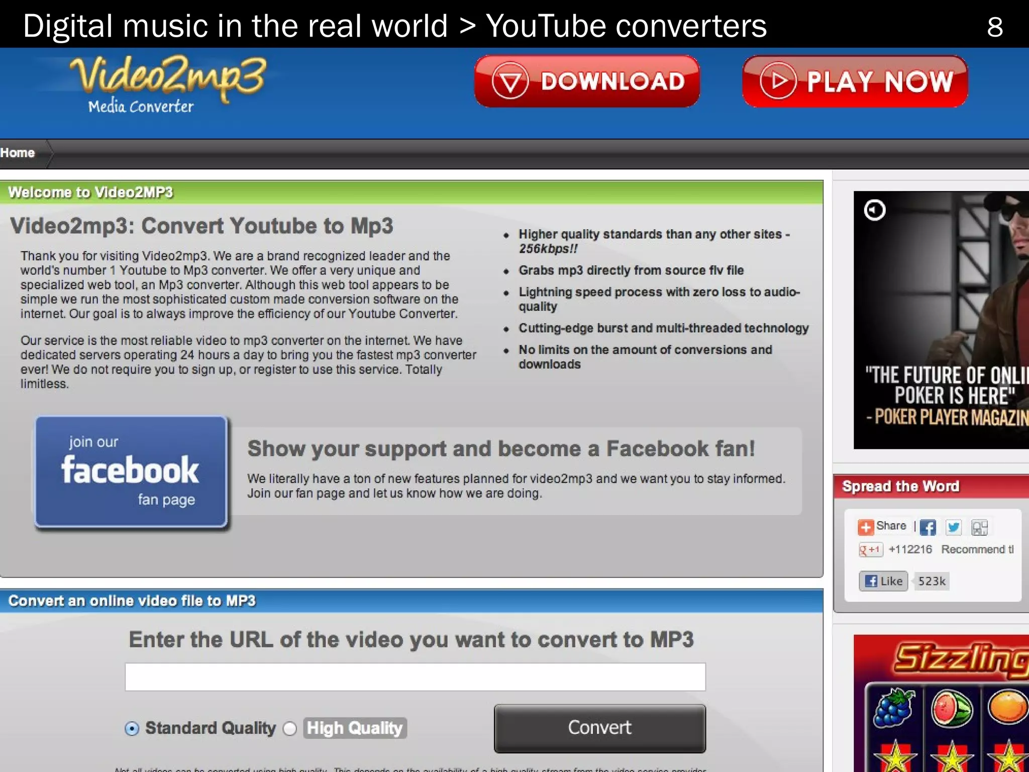 Digital music in the real world > YouTube converters   8




                        http://www.video2mp3.net/
 