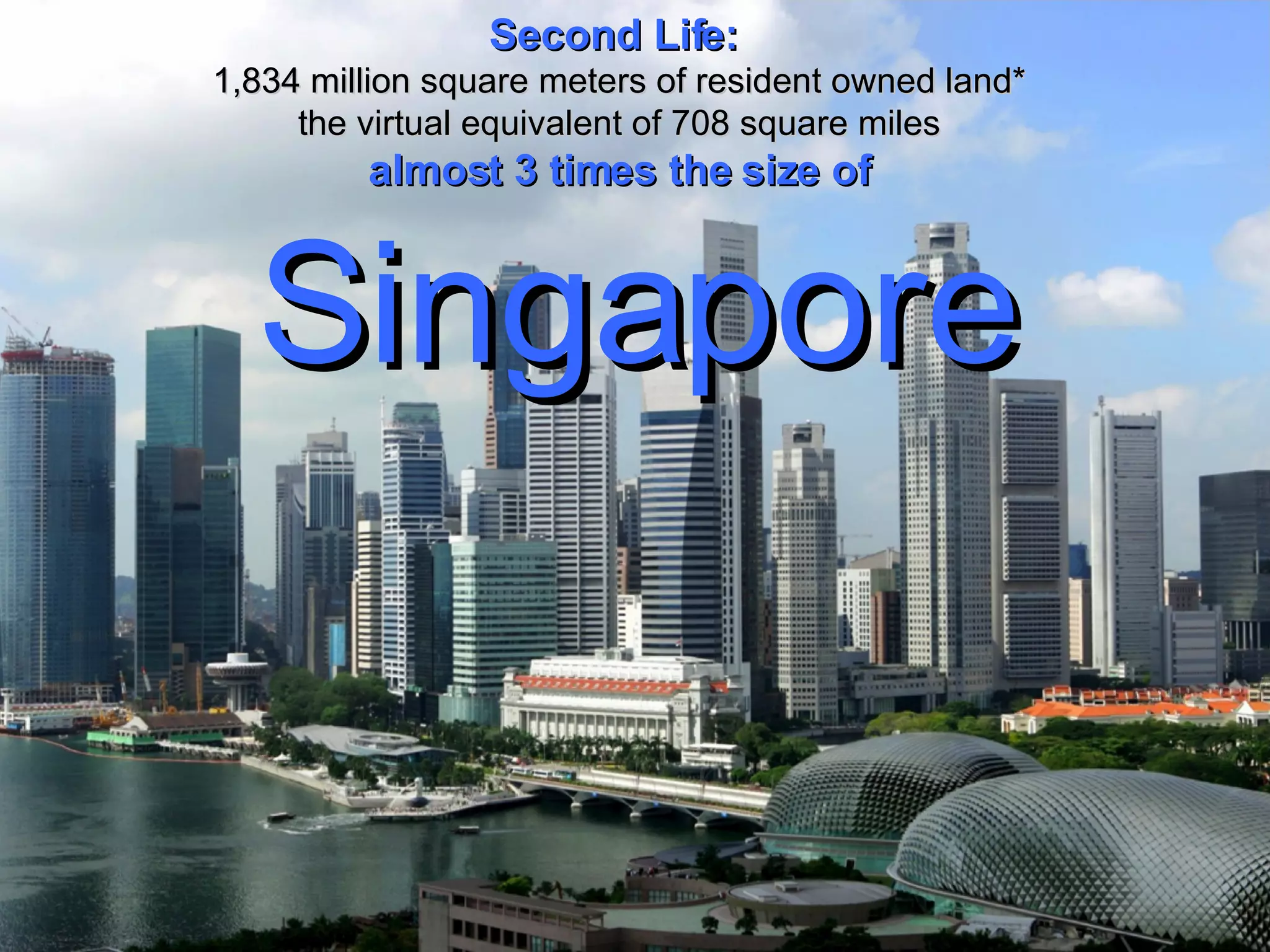 Second Life:  1,834 million square meters of resident owned land* the virtual equivalent of 708 square miles almost 3 times the size of Singapore 