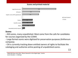 IAML/IMS New York 2015 "Music Research in the Digital Age", Centre
Iannis Xenakis : C. Delhaye
13
Scores
- 450 scores, many unpublished. Most come from the calls for candidates
for courses organized by the CCMIX.
- Large format scores were digitized for preservation purposes (Arkhenum
company).
- CIX is currently tracking down entitled owners of rights to facilitate the
cataloging and authorize online posting of unpublished scores.
Assembled printed material
Books
Scientific review
Posters
Graphic scores (UPIC paperboard)
A4 Scores
Large format scores
16
82
70
68
110
116
226
Scores and printed material
Printed material
Scores
 