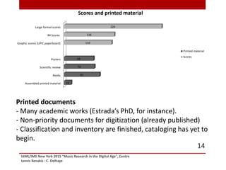 IAML/IMS New York 2015 "Music Research in the Digital Age", Centre
Iannis Xenakis : C. Delhaye
14
Printed documents
- Many academic works (Estrada’s PhD, for instance).
- Non-priority documents for digitization (already published)
- Classification and inventory are finished, cataloging has yet to
begin.
Assembled printed material
Books
Scientific review
Posters
Graphic scores (UPIC paperboard)
A4 Scores
Large format scores
16
82
70
68
110
116
226
Scores and printed material
Printed material
Scores
 