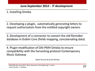 IAML/IMS New York 2015 "Music Research in the Digital Age", Centre
Iannis Xenakis : C. Delhaye 29
June-September 2014 : IT development
1. Installing Omeka
2. Developing a plugin, automatically generating letters to
request authorization from the entitled copyright owners
3. Development of a connector to convert the old filemaker
database in Dublin Core (fields mapping, concatenating data)
4. Plugin modification of OAI-PMH Omeka to ensure
compatibility with the harvesting protocol Contemporary
Music Gateway
Majid Tasserie & Cyrille Delhaye
 