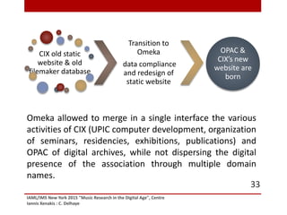 IAML/IMS New York 2015 "Music Research in the Digital Age", Centre
Iannis Xenakis : C. Delhaye
33
CIX old static
website & old
filemaker database
Transition to
Omeka
data compliance
and redesign of
static website
OPAC &
CIX’s new
website are
born
Omeka allowed to merge in a single interface the various
activities of CIX (UPIC computer development, organization
of seminars, residencies, exhibitions, publications) and
OPAC of digital archives, while not dispersing the digital
presence of the association through multiple domain
names.
 
