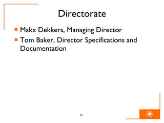 Directorate Makx Dekkers, Managing Director Tom Baker, Director Specifications and Documentation 