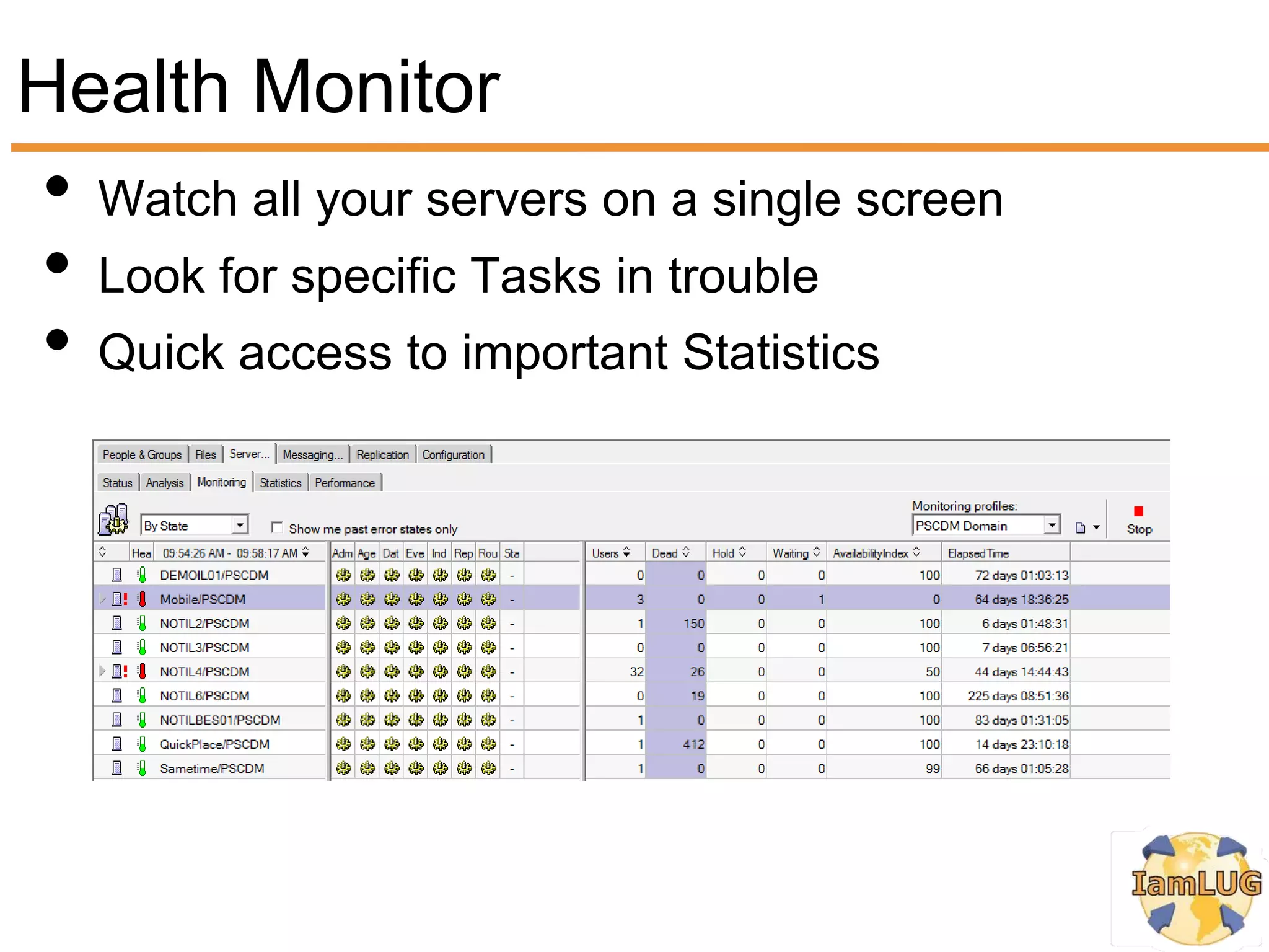 Health Monitor
•   Watch all your servers on a single screen
•   Look for specific Tasks in trouble
•   Quick access to important Statistics
 