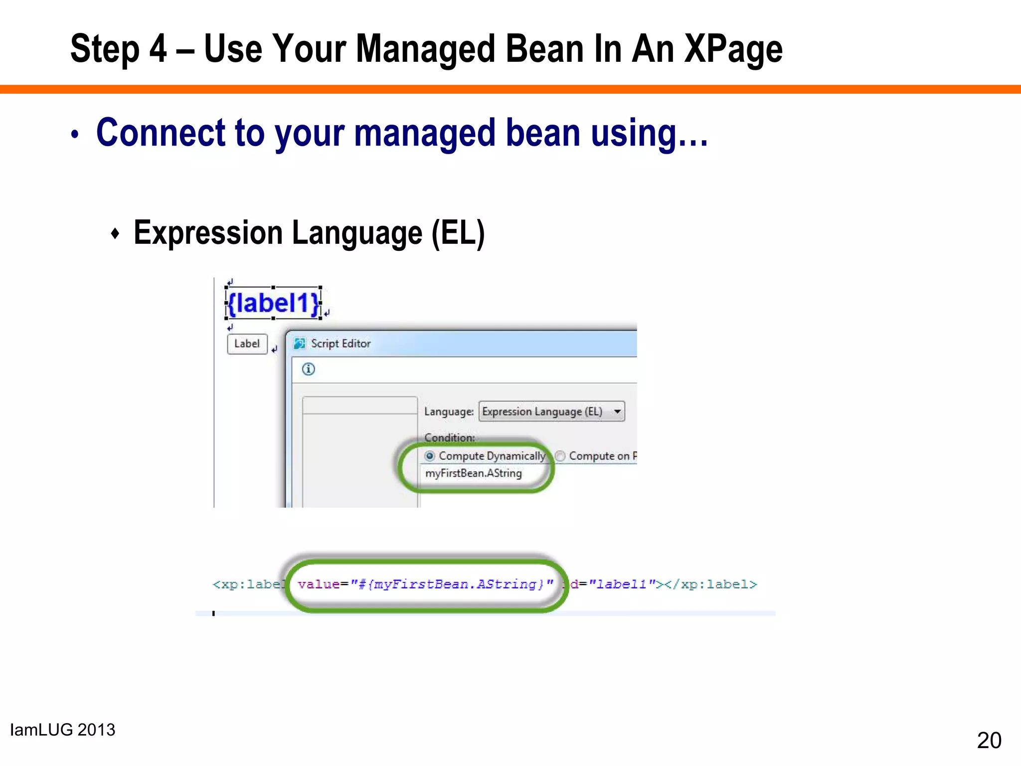 IamLUG 2013
Step 4 – Use Your Managed Bean In An XPage
• Connect to your managed bean using…
 Expression Language (EL)
20
 