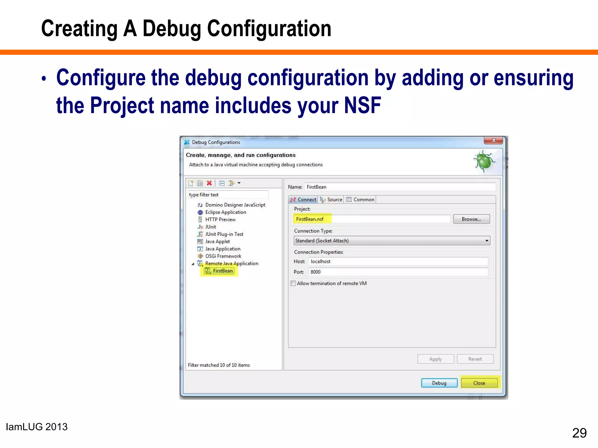 IamLUG 2013
Creating A Debug Configuration
• Configure the debug configuration by adding or ensuring
the Project name includes your NSF
29
 