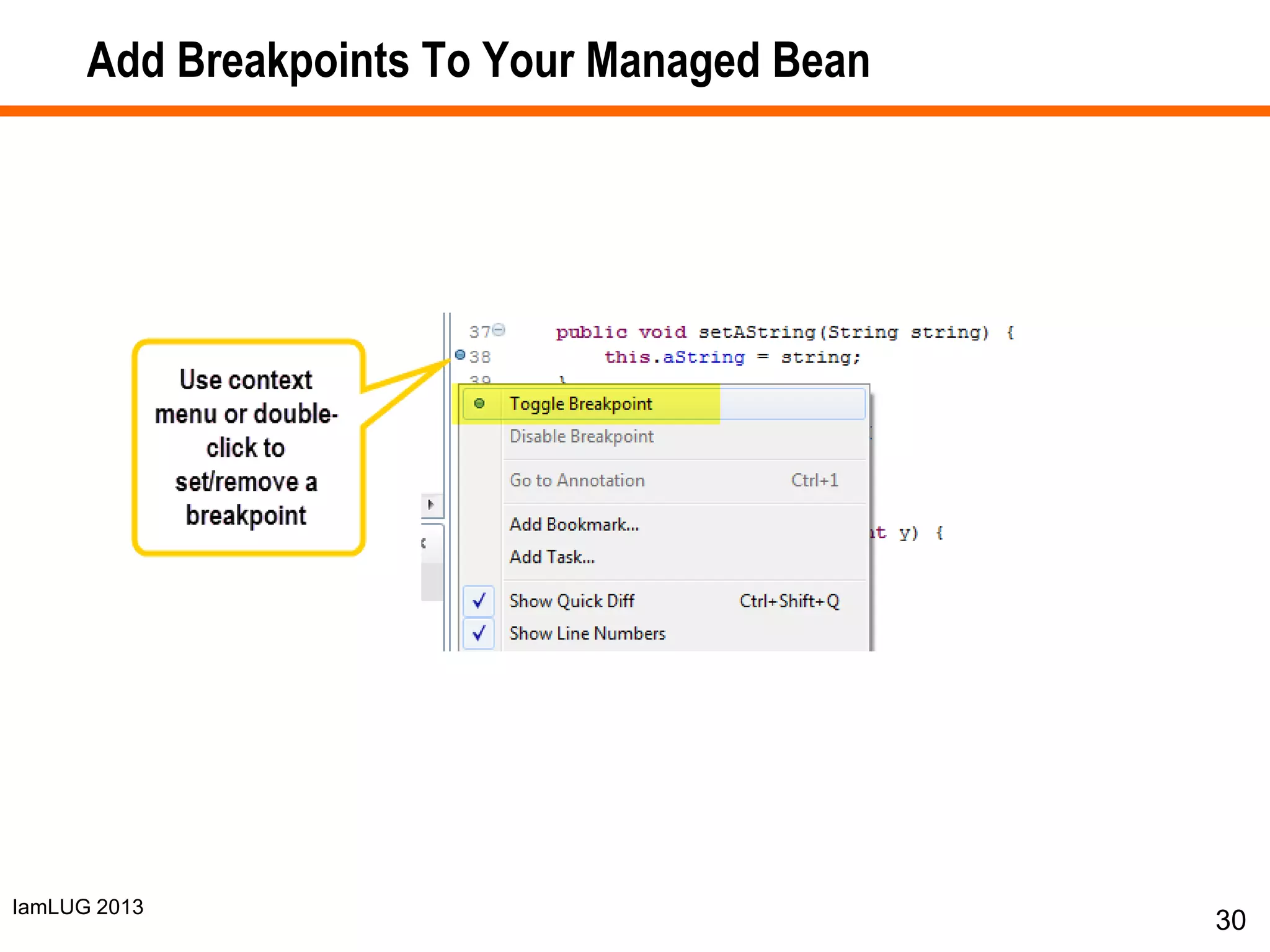 IamLUG 2013
Add Breakpoints To Your Managed Bean
30
 