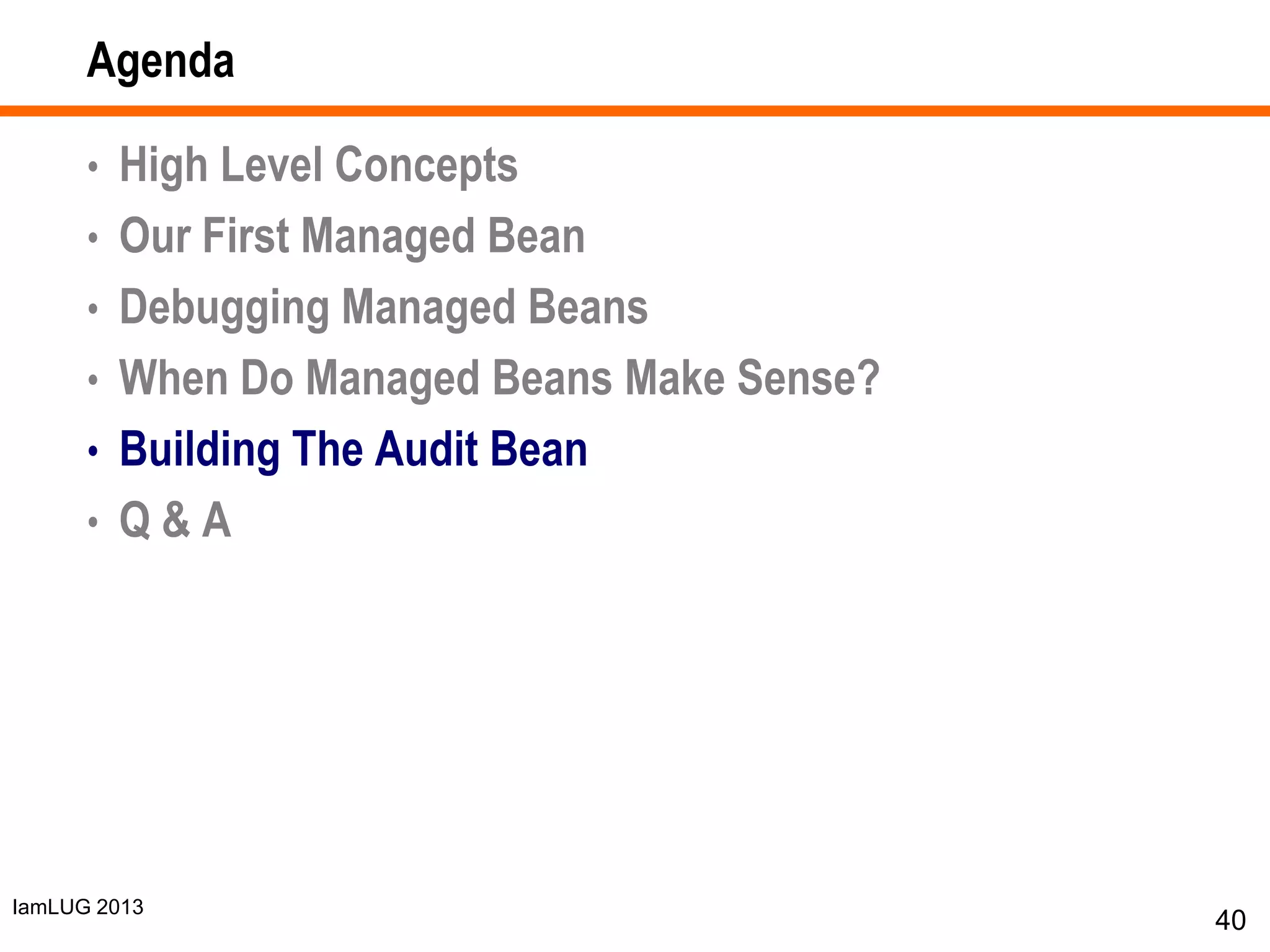 IamLUG 2013
Agenda
• High Level Concepts
• Our First Managed Bean
• Debugging Managed Beans
• When Do Managed Beans Make Sense?
• Building The Audit Bean
• Q & A
40
 