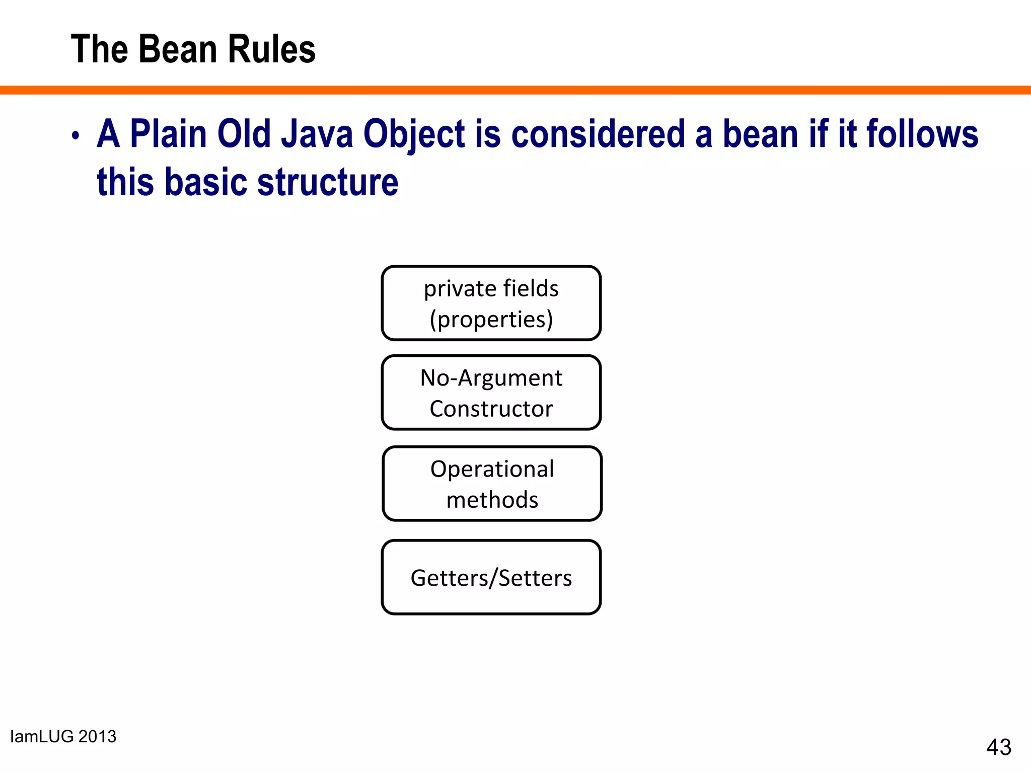 IamLUG 2013
The Bean Rules
• A Plain Old Java Object is considered a bean if it follows
this basic structure
43
private fields
(properties)
No-Argument
Constructor
Operational
methods
Getters/Setters
 