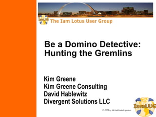 © 2013 by the individual speaker
Be a Domino Detective:
Hunting the Gremlins
Kim Greene
Kim Greene Consulting
David Hablewitz
Divergent Solutions LLC
 