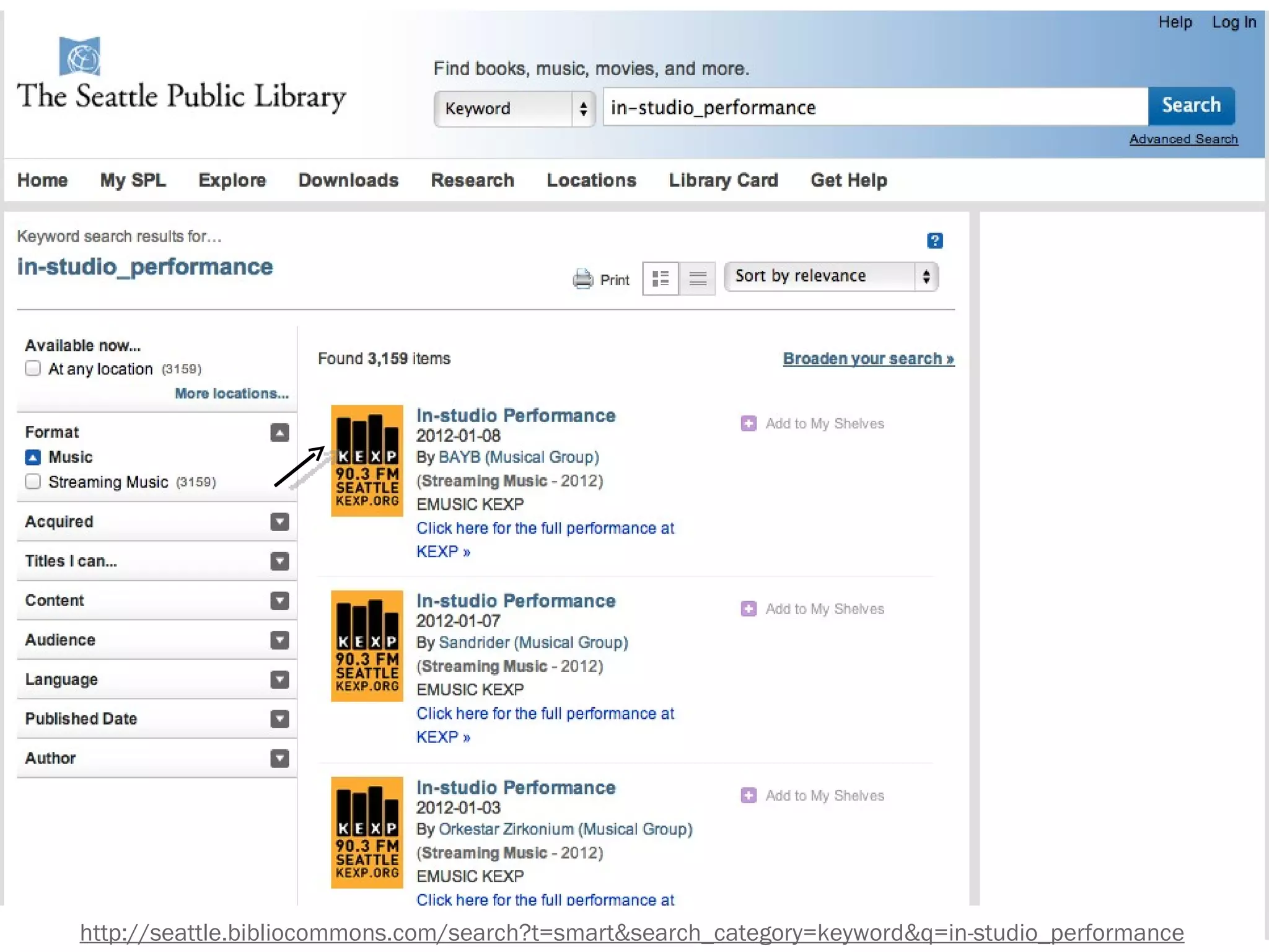 http://seattle.bibliocommons.com/search?t=smart&search_category=keyword&q=in-studio_performance
 