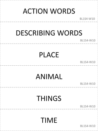 ACTION WORDS
DESCRIBING WORDS
PLACE
ANIMAL
THINGS
TIME
BL1S4-W10
BL1S4-W10
BL1S4-W10
BL1S4-W10
BL1S4-W10
BL1S4-W10
 
