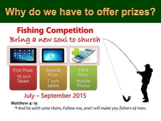 Fishing Competition
Bring a new soul to church
First Prize:
10 inch
Tablet
Second
Prize:
7 inch
tablet
Third
Prize:
Mobile
Phone
July – September 2015
19 And he saith unto them, Follow me, and I will make you fishers of men.
Matthew 4: 19
 
