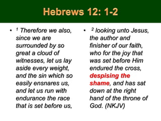 • 1 Therefore we also,
since we are
surrounded by so
great a cloud of
witnesses, let us lay
aside every weight,
and the sin which so
easily ensnares us,
and let us run with
endurance the race
that is set before us,
• 2 looking unto Jesus,
the author and
finisher of our faith,
who for the joy that
was set before Him
endured the cross,
despising the
shame, and has sat
down at the right
hand of the throne of
God. (NKJV)
 