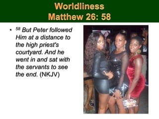 • 58 But Peter followed
Him at a distance to
the high priest's
courtyard. And he
went in and sat with
the servants to see
the end. (NKJV)
 