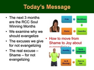• The next 3 months
are the RCC Soul
Winning Months
• We examine why we
should evangelize
• The excuses we give
for not evangelizing
• The real excuse –
Shame – for not
evangelizing
• How to move from
Shame to Joy about
evangelizing
 