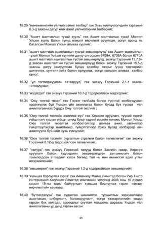 49
16.29 “менежментийн үйлчилгээний төлбөр” гэж Хувь нийлүүлэгчдийн гэрээний
6.3-д заасны дагуу хийх ажил үйлчилгээний төлбөрийг;
16.30 “Ашигт малтмалын тухай хууль” гэж Ашигт малтмалын тухай Монгол
Улсын хууль болон түүнд нэмэлт өөрчлөлт оруулсан, эсхүл оронд нь
баталсан Монгол Улсын аливаа хуулийг;
16.31 “ашигт малтмал ашиглалтын тусгай зөвшөөрлүүд” гэж Ашигт малтмалын
тухай Монгол Улсын хуулийн дагуу олгогдсон 6709A, 6708A болон 6710A
ашигт малтмал ашиглалтын тусгай зөвшөөрлүүд, энэхүү Гэрээний 15.7.8–
д заасан ашиглалтын тусгай зөвшөөрлүүд болон энэхүү Гэрээний 15.5-д
заасны дагуу хамруулсан бусад эдэлбэр газрыг /үүнд тэдгээрийн
шинэчлэх, сунгалт хийх болон орлуулах, эсхүл сольсон аливаа хэлбэр
орно/;
16.32 “үл тогтворжуулсан татварууд” гэж энэхүү Гэрээний 2.1-т заасан
татваруудыг;
16.33 “мэдэгдэл” гэж энэхүү Гэрээний 10.7-д тодорхойлсон мэдэгдлийг;
16.34 “Оюу толгой төсөл” гэж Гэрээт талбайд болон түүнтэй холбогдуулан
хэрэгжүүлж буй Үндсэн үйл ажиллагаа болон бусад бүх туслах үйл
ажиллагаанаас бүрдэх Оюу толгой төслийг ;
16.35 “Оюу толгой төслийн ажиллах хүч” гэж Хөрөнгө оруулагч, түүний гэрээт
гүйцэтгэгч туслан гүйцэтгэгчид буюу тэдний нэрийн өмнөөс Монгол Улсад
Оюу толгой төсөлтэй холбоотойгоор аливаа ажил, үйлчилгээ
гүйцэтгүүлэхээр ажилтнаар, гүйцэтгэгчээр буюу бусад хэлбэрээр авч
ажиллуулж буй нийт хувь хүмүүсийг;
16.36 “Оюу толгой төслийн сургалтын стратеги болон төлөвлөгөө” гэж энэхүү
Гэрээний 8.12-д тодорхойлсон төлөвлөгөөг;
16.37 “талууд” гэж энэхүү Гэрээний талууд болох Засгийн газар, Хөрөнгө
оруулагч болон тэдгээрийн зөвшөөрөгдсөн залгамжлагч болон
томилогдсон этгээдийг хэлэх бөгөөд Тал нь мөн өмнөхтэй адил утгыг
илэрхийлснийг;
16.38 “зөвшөөрөл” гэж энэхүү Гэрээний 1.2-д тодорхойлсон зөвшөөрлийг;
16.39 “хувьцаа борлуулах гэрээ” гэж Айвенхоу Майнз Лимитед болон Рио Тинто
Интернэшнл Холдингс Лимитед компанийн хооронд 2006 оны 10 дугаар
сарын 18-ны өдөр байгуулсан хувьцаа борлуулах гэрээг нэмэлт
өөрчлөлтийн хамтаар;
16.40 “бүтээгдэхүүн” гэж судалгаа шинжилгээ, туршилтын зориулалтаар
ашигласан, олборлолт, боловсруулалт, эсхүл тээвэрлэлтийн явцад
гарсан бүх хаягдал, хорогдлыг суутган тооцсоны дараахь Үндсэн үйл
ажиллагааны үр дүнд гарган авсан:
 