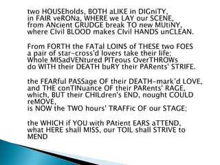 two HOUSEholds, BOTH aLIKE in DIGniTY,
in FAIR veRONa, WHERE we LAY our SCENE,
from ANcient GRUDGE break TO new MUtiNY,
where CIvil BLOOD makes CIvil HANDS unCLEAN.

From FORTH the FATal LOINS of THESE two FOES
a pair of star-cross'd lovers take their life;
Whole MISadVENtured PITeous OverTHROWs
do WITH their DEATH buRY their PARents' STRIFE.

the FEARful PASSage OF their DEATH-mark’d LOVE,
and THE conTINuance OF their PARents' RAGE,
which, BUT their CHILdren's END, nought COULD
reMOVE,
is NOW the TWO hours' TRAFFic OF our STAGE;

the WHICH if YOU with PAtient EARS aTTEND,
what HERE shall MISS, our TOIL shall STRIVE to
MEND
 