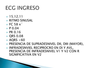 










15.12.11
RITMO SINUSAL
FC 58 x´
P 0.04
PR 0.16
QRS 0.08
AQRS +60
PRESENCIA DE SUPRADESNIVEL DII, DIII (MAYOR),
INFRADESNVIEL RECIPROCRO EN DI Y AVL,
PRESENCIA DE INFRADESNIVEL V1 Y V2 CON R
SIGNIFICATIVA EN V2

 