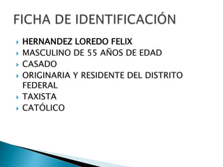







HERNANDEZ LOREDO FELIX
MASCULINO DE 55 AÑOS DE EDAD
CASADO
ORIGINARIA Y RESIDENTE DEL DISTRITO
FEDERAL
TAXISTA
CATÓLICO

 