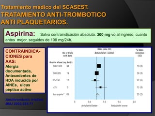 El Objetivo del Tratamiento en el SCASEST es reducir la isquemia y contribuir a la estabilización de la placa evitando la evolución a IAM por oclusión coronaria completaTtoantitrombotico óptimo. Tto anti isquémico. Ingreso según estratificación