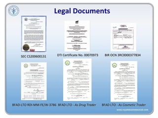 DTI Certificate No. 00070973 SEC CS200600131 BIR OCN 3RC0000377834 BFAD-LTO RDI-MM-FE/W-3786 BFAD LTO -  As Drug Trader BFAD LTO -  As Cosmetic Trader Legal Documents 