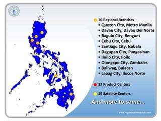Philippine Headquarters JR Bldg., 1520 Quezon Ave., South Triangle, Quezon City 13 Product Centers And more to come... 15 Satellite Centers 10 Regional Branches •  Quezon City, Metro Manila •  Davao City, Davao Del Norte •  Baguio City, Benguet •  Cebu City, Cebu •  Santiago City, Isabela •  Dagupan City, Pangasinan •  Iloilo City, Iloilo •  Olongapo City, Zambales •  Baliwag, Bulacan •  Laoag City, Ilocos Norte 