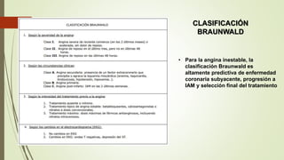 • Para la angina inestable, la
clasificación Braunwald es
altamente predictiva de enfermedad
coronaria subyacente, progresión a
IAM y selección final del tratamiento
CLASIFICACIÓN
BRAUNWALD
 