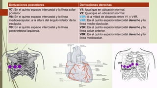 Derivaciones posteriores Derivaciones derechas
V7: En el quinto espacio intercostal y la línea axilar
posterior.
V8: En el quinto espacio intercostal y la línea
medioescapular, a la altura del ángulo inferior de la
escápula.
V9: En el quinto espacio intercostal y la línea
paravertebral izquierda.
V1: Igual que en ubicación normal.
V2: Igual que en ubicación normal.
V3R: A la mitad de distancia entre V1 y V4R.
V4R: En el quinto espacio intercostal derecho y la
línea medio-clavicular.
V5R: En el quinto espacio intercostal derecho y la
línea axilar anterior.
V6R: En el quinto espacio intercostal derecho y la
línea medioaxilar.
 