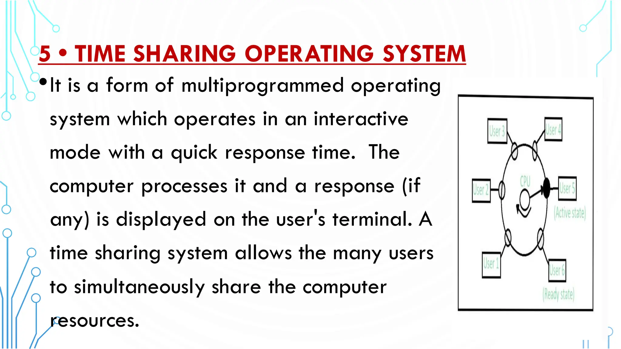 5 • TIME SHARING OPERATING SYSTEM
•It is a form of multiprogrammed operating
system which operates in an interactive
mode with a quick response time. The
computer processes it and a response (if
any) is displayed on the user's terminal. A
time sharing system allows the many users
to simultaneously share the computer
resources.
 