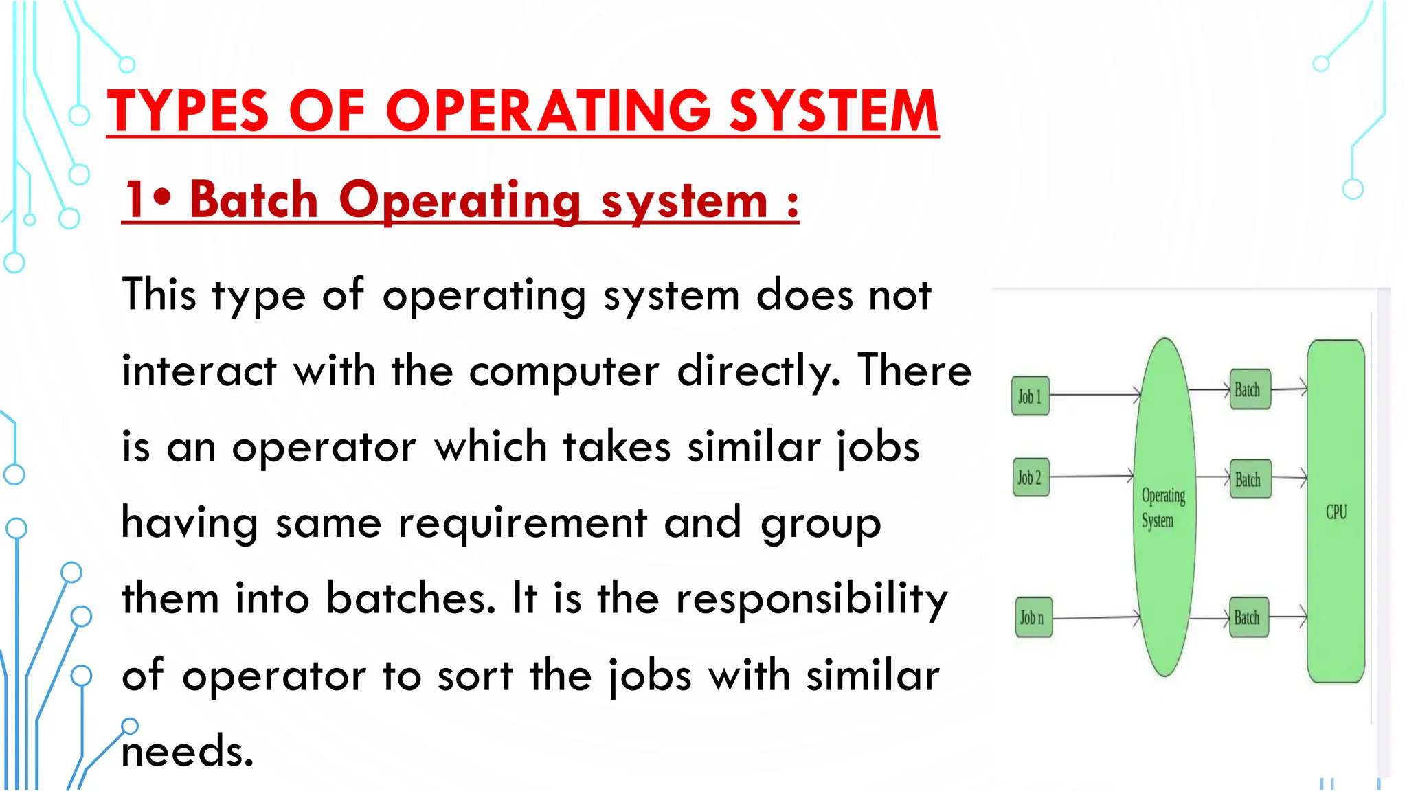 TYPES OF OPERATING SYSTEM
1• Batch Operating system :
This type of operating system does not
interact with the computer directly. There
is an operator which takes similar jobs
having same requirement and group
them into batches. It is the responsibility
of operator to sort the jobs with similar
needs.
 