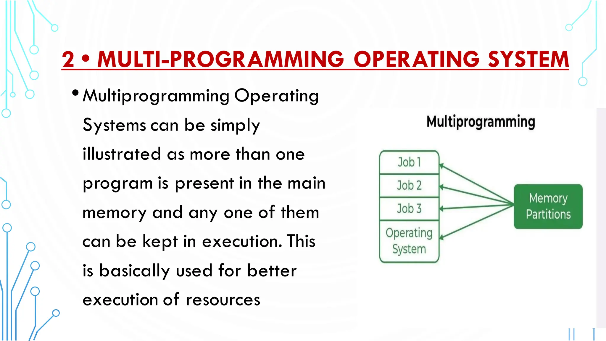 2 • MULTI-PROGRAMMING OPERATING SYSTEM
•Multiprogramming Operating
Systems can be simply
illustrated as more than one
program is present in the main
memory and any one of them
can be kept in execution. This
is basically used for better
execution of resources
 