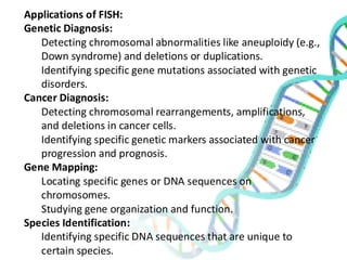 Applications of FISH:
Genetic Diagnosis:
Detecting chromosomal abnormalities like aneuploidy (e.g.,
Down syndrome) and deletions or duplications.
Identifying specific gene mutations associated with genetic
disorders.
Cancer Diagnosis:
Detecting chromosomal rearrangements, amplifications,
and deletions in cancer cells.
Identifying specific genetic markers associated with cancer
progression and prognosis.
Gene Mapping:
Locating specific genes or DNA sequences on
chromosomes.
Studying gene organization and function.
Species Identification:
Identifying specific DNA sequences that are unique to
certain species.
 