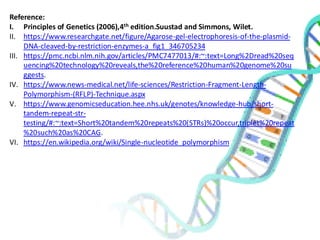 Reference:
I. Principles of Genetics (2006),4th edition.Suustad and Simmons, Wilet.
II. https://www.researchgate.net/figure/Agarose-gel-electrophoresis-of-the-plasmid-
DNA-cleaved-by-restriction-enzymes-a_fig1_346705234
III. https://pmc.ncbi.nlm.nih.gov/articles/PMC7477013/#:~:text=Long%2Dread%20seq
uencing%20technology%20reveals,the%20reference%20human%20genome%20su
ggests.
IV. https://www.news-medical.net/life-sciences/Restriction-Fragment-Length-
Polymorphism-(RFLP)-Technique.aspx
V. https://www.genomicseducation.hee.nhs.uk/genotes/knowledge-hub/short-
tandem-repeat-str-
testing/#:~:text=Short%20tandem%20repeats%20(STRs)%20occur,triplet%20repeat
%20such%20as%20CAG.
VI. https://en.wikipedia.org/wiki/Single-nucleotide_polymorphism
 