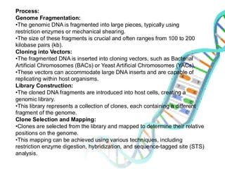 Process:
Genome Fragmentation:
•The genomic DNA is fragmented into large pieces, typically using
restriction enzymes or mechanical shearing.
•The size of these fragments is crucial and often ranges from 100 to 200
kilobase pairs (kb).
Cloning into Vectors:
•The fragmented DNA is inserted into cloning vectors, such as Bacterial
Artificial Chromosomes (BACs) or Yeast Artificial Chromosomes (YACs).
•These vectors can accommodate large DNA inserts and are capable of
replicating within host organisms.
Library Construction:
•The cloned DNA fragments are introduced into host cells, creating a
genomic library.
•This library represents a collection of clones, each containing a different
fragment of the genome.
Clone Selection and Mapping:
•Clones are selected from the library and mapped to determine their relative
positions on the genome.
•This mapping can be achieved using various techniques, including
restriction enzyme digestion, hybridization, and sequence-tagged site (STS)
analysis.
 