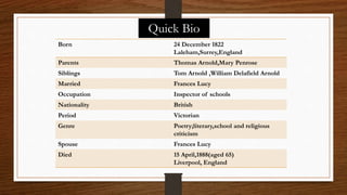 Born 24 December 1822
Laleham,Surrey,England
Parents Thomas Arnold,Mary Penrose
Siblings Tom Arnold ,William Delafield Arnold
Married Frances Lucy
Occupation Inspector of schools
Nationality British
Period Victorian
Genre Poetry;literary,school and religious
criticism
Spouse Frances Lucy
Died 15 April,1888(aged 65)
Liverpool, England
Quick Bio
 