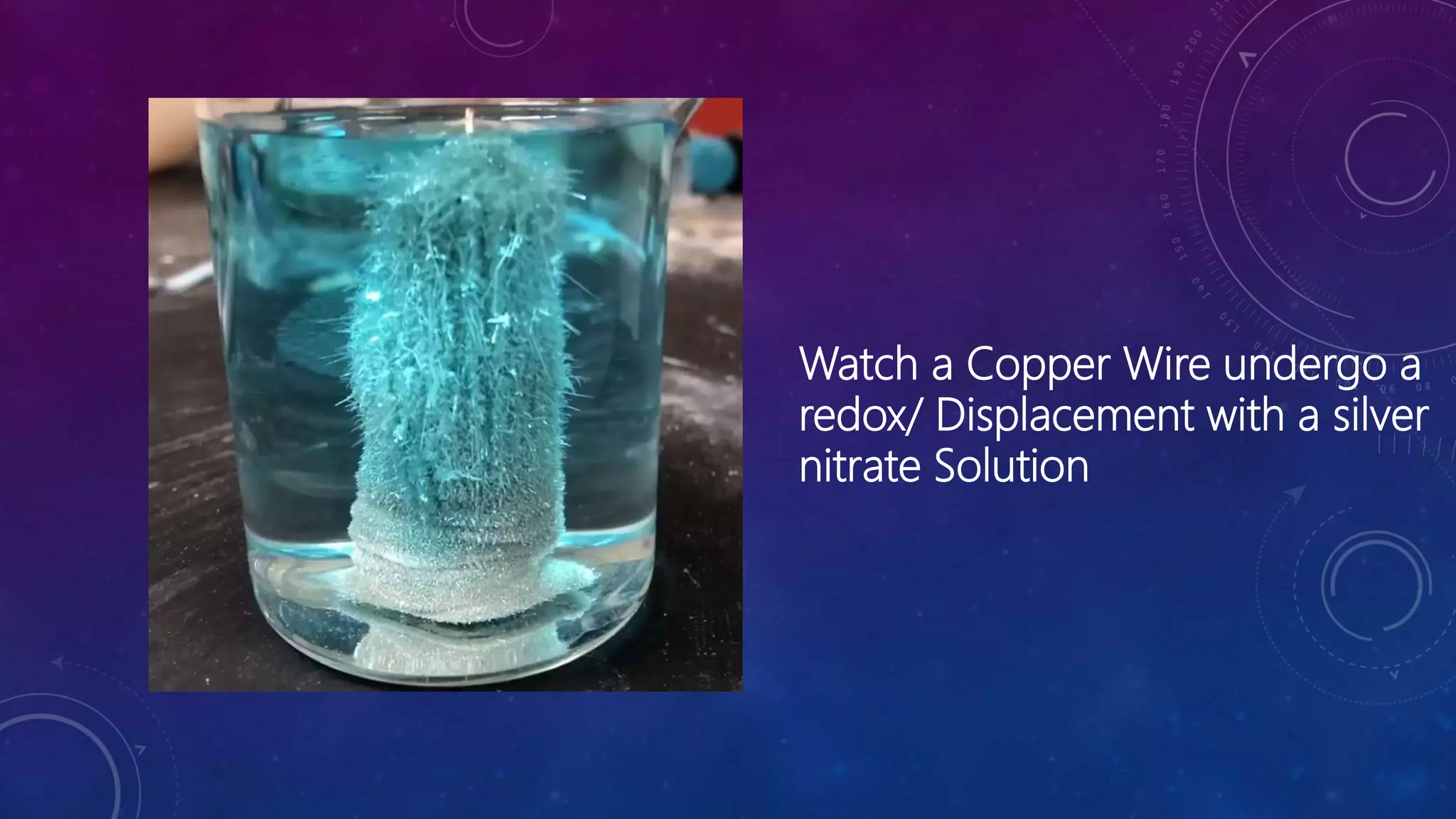 Watch a Copper Wire undergo a
redox/ Displacement with a silver
nitrate Solution
 