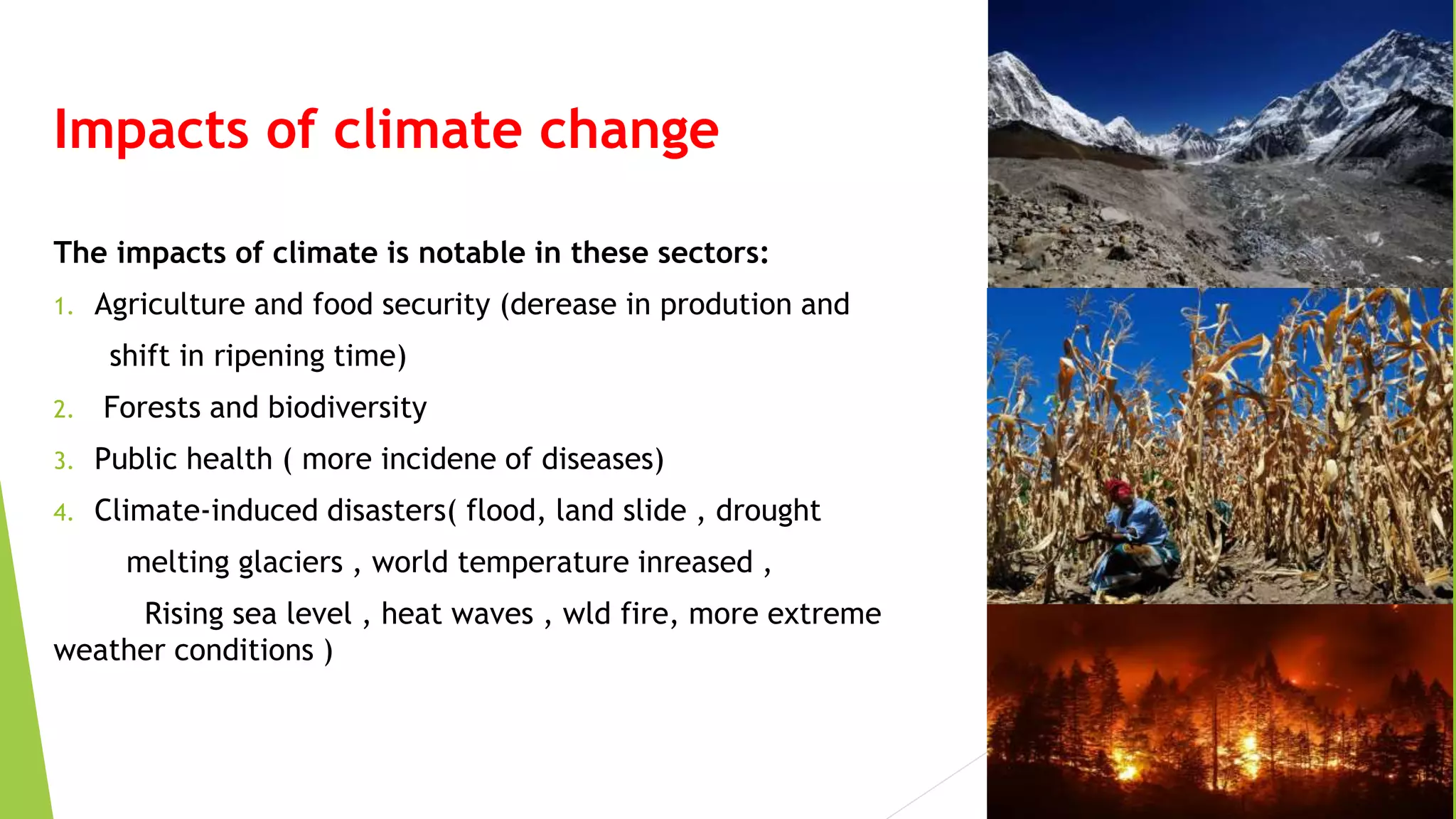 Impacts of climate change
The impacts of climate is notable in these sectors:
1. Agriculture and food security (derease in prodution and
shift in ripening time)
2. Forests and biodiversity
3. Public health ( more incidene of diseases)
4. Climate-induced disasters( flood, land slide , drought
melting glaciers , world temperature inreased ,
Rising sea level , heat waves , wld fire, more extreme
weather conditions )
 