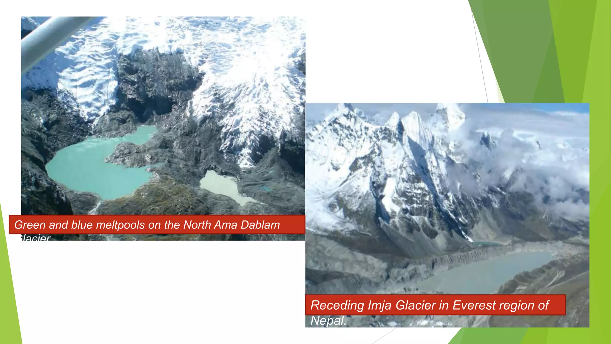 Receding Imja Glacier in Everest region of
Nepal.
Green and blue meltpools on the North Ama Dablam
Glacier
 