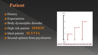 Patient
⦿ History
⦿ Expectations
⦿ Body dysmorphic disorder
⦿ High risk patient SIMON
⦿ Ideal patient SLYVIA
⦿ Second opinion from psychiatrist
 