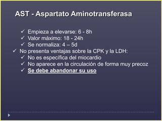 TroponinasElevación >0.1 ng/mlCriterio diagnóstico de IAMPrincipalmente IAsESTConforme aumentan las troponinasAumenta riesgo de muerteVALORES > 2.0 ng/mlAumentan 4 veces más riesgo de fallecer