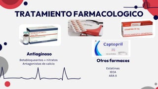 TRATAMIENTO FARMACOLOGICO
Antiaginoso
Otros farmacos
Estatinas
IECA
ARA II
Betabloqueantes + nitratos
Antagonistas de calcio