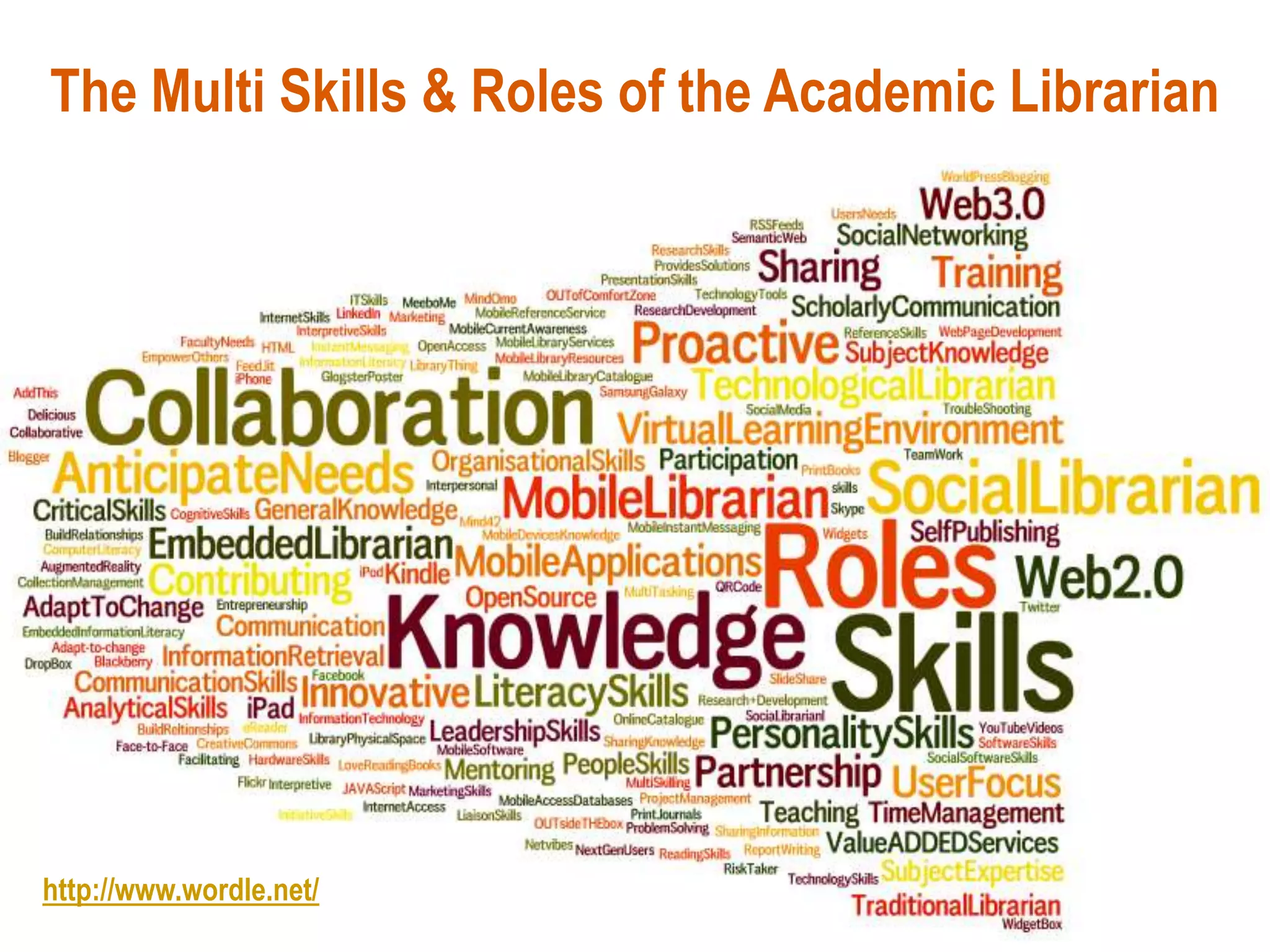 The Multi Skills & Roles of the Academic Librarian




http://www.wordle.net/
 