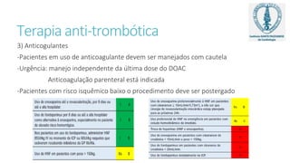 Terapia anti-trombótica
3) Anticogulantes
-Pacientes em uso de anticoagulante devem ser manejados com cautela
-Urgência: manejo independente da última dose do DOAC
Anticoagulação parenteral está indicada
-Pacientes com risco isquêmico baixo o procedimento deve ser postergado
Cuidado
>100kg
 