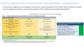 ESTRATIFICAÇÃO DE RISCO COM MÉTODOS COMPLEMENTARES-EXAMEINVASIVO
Cinecoronariografia e Avaliações Coronárias Intravasculares (FFR, IVUS, OCT)>>determinação
da estratégia anatômica para realização de ICP ou Revascularização Miocárdica
MOMENTO DA AVALIAÇÃO INVASIVA
 