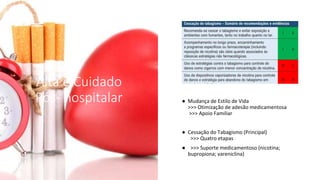 Alta e Cuidado
Pós- hospitalar ● Mudança de Estilo de Vida
>>> Otimização de adesão medicamentosa
>>> Apoio Familiar
● Cessação do Tabagismo (Principal)
>>> Quatro etapas
● >>> Suporte medicamentoso (nicotina;
bupropiona; vareniclina)
 