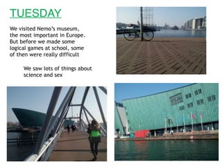 TUESDAY
We visited Nemo’s museum,
the most important in Europe.
But before we made some
logical games at school, some
of then were really difficult
We saw lots of things about
science and sex
 