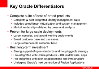 Key Oracle Differentiators Complete suite of best-of-breed products Complete & best integrated identity management suite Includes compliance, virtualization and system management Market leadership validated by press and analysts Proven for large scale deployments Large, complex, and award winning deployments Broad customer base and use cases Large referenceable customer base Best long-term investment Strong support of open standards and hot-pluggable strategy Pre-integrated with Oracle products – DB, middleware, apps Pre-integrated with over 50 applications and infrastructure Underpins Oracle’s next generation of Fusion Applications 