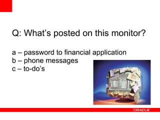 Q: What’s posted on this monitor? a – password to financial application b – phone messages c – to-do’s 